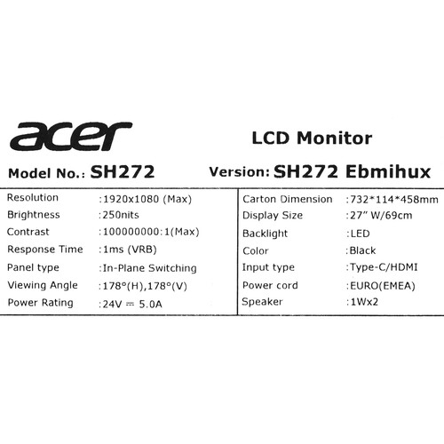 Купить 27" Монитор Acer SH272Ebmihux черный  5455327. Характеристики, отзывы и цены в Донецке