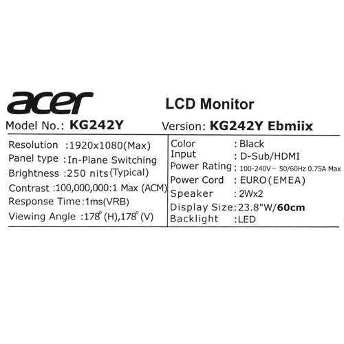 Купить 23.8" Монитор Acer Nitro KG242YEbmiix черный  5455416. Характеристики, отзывы и цены в Донецке