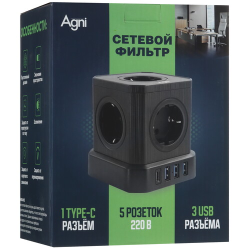Купить Сетевой фильтр AGNI TP-VE4U5E-C черный  9289330. Характеристики, отзывы и цены в Донецке