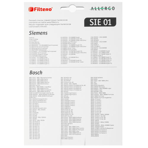 Купить Комплект пылесборник и фильтр Filtero Allergo SIE 01 белый  5032911. Характеристики, отзывы и цены в Донецке