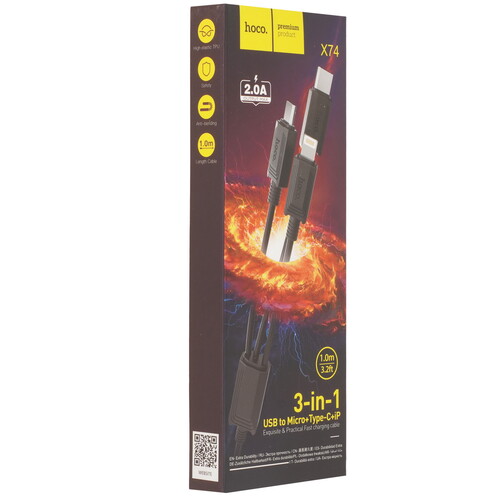 Купить Кабель круглый Hoco Lightning 8-pin, micro USB, USB Type-C - USB 2.0 Type-A черный 1 м  9244449. Характеристики, отзывы и цены в Донецке