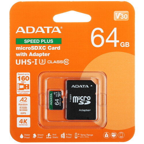 Купить Карта памяти Adata SPEED PLUS microSDXC 64 ГБ [UD64GUI3V30A2SP-RA1]  5614416. Характеристики, отзывы и цены в Донецке