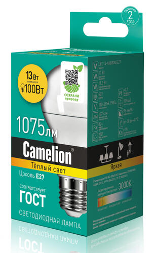 Купить Лампа светодиодная Camelion LED A60-13w-830-E27  1113567. Характеристики, отзывы и цены в Донецке