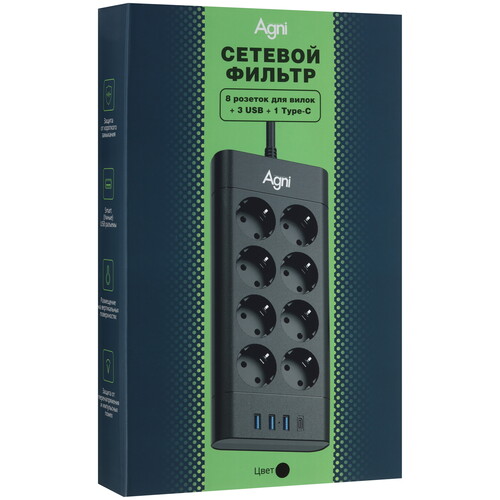 Купить Сетевой фильтр AGNI TP-FA4U8E-C черный  9289262. Характеристики, отзывы и цены в Донецке