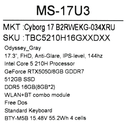 Купить 17.3" Ноутбук MSI Cyborg 17 B2RWEKG-034XRU черный  5629072. Характеристики, отзывы и цены в Донецке