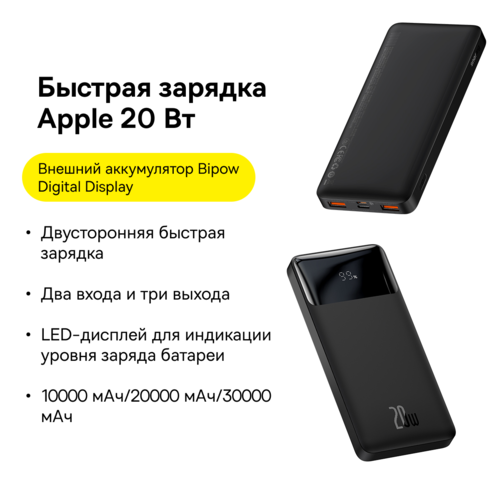 Купить Портативный аккумулятор Baseus Bipow Digital Display 20W черный  5011556. Характеристики, отзывы и цены в Донецке