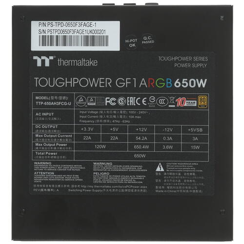 Купить Блок питания Thermaltake Toughpower GF1 ARGB 650W [PS-TPD-0650F3FAGE-1] черный  1398481. Характеристики, отзывы и цены в Донецке
