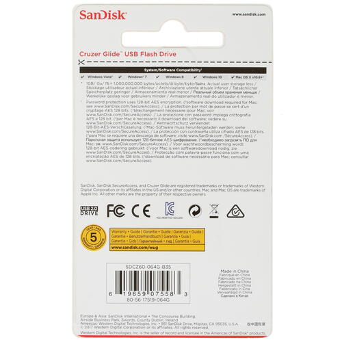 Купить Память USB Flash 64 ГБ SanDisk Cruzer Glide [SDCZ60-064G-B35]  1345319. Характеристики, отзывы и цены в Донецке