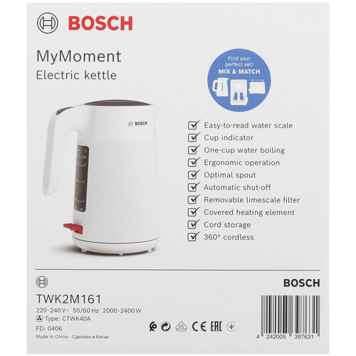 Купить Электрочайник BOSCH TWK 2M161 белый  5499801. Характеристики, отзывы и цены в Донецке