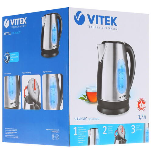Купить Электрочайник Vitek VT-7039 ST серебристый  8109410. Характеристики, отзывы и цены в Донецке
