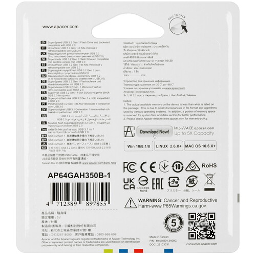 Купить Память USB Flash 64 ГБ Apacer AH350 [AP64GAH350B-1]  4900861. Характеристики, отзывы и цены в Донецке