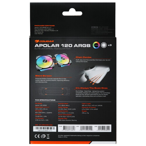 Купить Комплект вентиляторов Cougar APOLAR 120 ARGB  5454570. Характеристики, отзывы и цены в Донецке