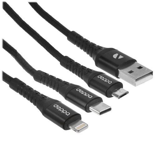 Купить Кабель круглый DEPPA Lightning 8-pin, micro USB, USB Type-C - USB 2.0 Type-A черный 1.2 м  9113451. Характеристики, отзывы и цены в Донецке