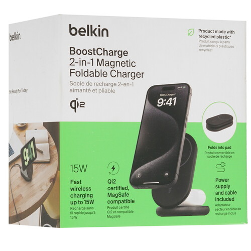 Купить Беспроводное зарядное устройство Belkin 2-in-1 Magnetic Foldable Wireless Charger with Qi2 черный  5637437. Характеристики, отзывы и цены в Донецке