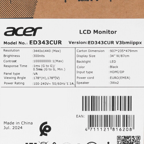 Купить 34" Монитор Acer Nitro ED343CURV3bmiippx черный  5463461. Характеристики, отзывы и цены в Донецке