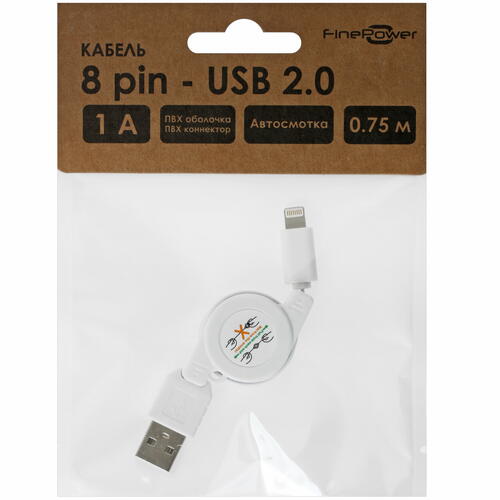 Купить Кабель автосмотка FinePower Lightning 8-pin - USB 2.0 Type-A белый 0.75 м  4834233. Характеристики, отзывы и цены в Донецке