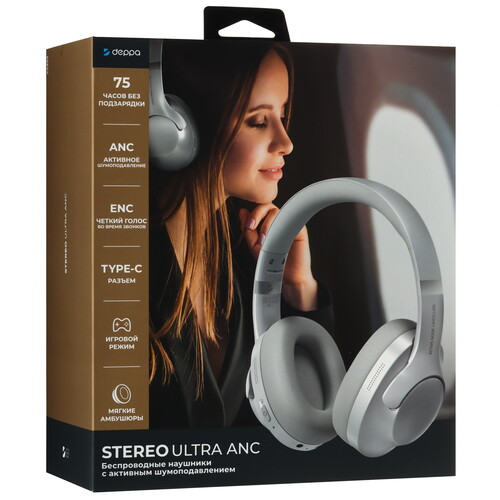 Купить Беспроводные/проводные наушники Deppa Stereo Ultra ANC серебристый 2024  9229403. Характеристики, отзывы и цены в Донецке