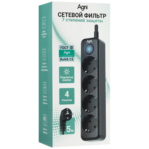Купить Сетевой фильтр AGNI TP-FD4E черный  9289277. Характеристики, отзывы и цены в Донецке