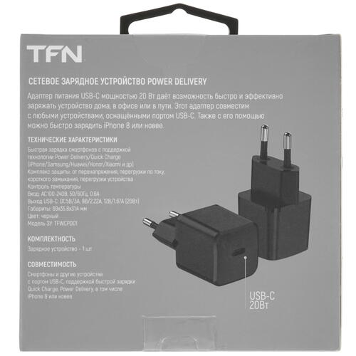 Купить Сетевое зарядное устройство TFN NANO Type-C PD 20W черный  5076578. Характеристики, отзывы и цены в Донецке