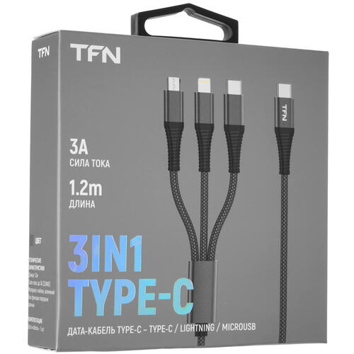 Купить Кабель круглый TFN Lightning 8-pin, micro USB, USB Type-C - USB Type-C серый 1.2 м  5075748. Характеристики, отзывы и цены в Донецке