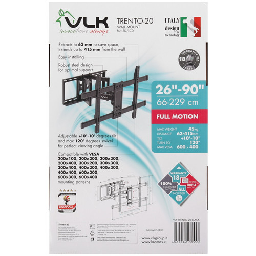 Купить Кронштейн для ТВ VLK TRENTO-20 черный  4827798. Характеристики, отзывы и цены в Донецке