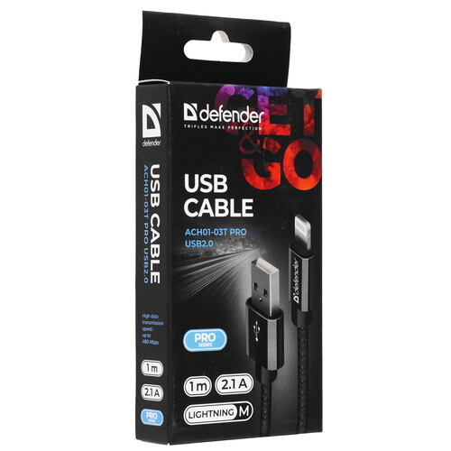 Купить Кабель круглый Defender Lightning 8-pin - USB 2.0 Type-A черный 1 м  5479484. Характеристики, отзывы и цены в Донецке