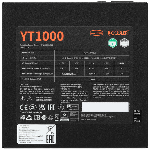 Купить Блок питания PCCooler YT1000 [P5-YT1000-P1FFBK1-EU] черный  5640122. Характеристики, отзывы и цены в Донецке