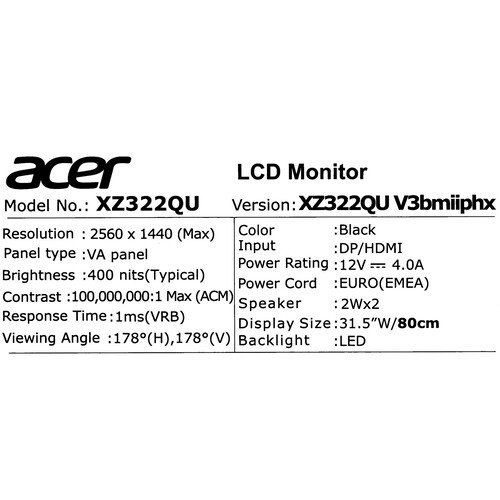 Купить 31.5" Монитор Acer Nitro XZ322QUV3bmiiphx черный  5455908. Характеристики, отзывы и цены в Донецке
