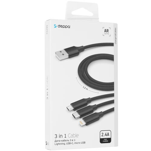 Купить Кабель круглый DEPPA Lightning 8-pin, micro USB, USB Type-C - USB 2.0 Type-A черный 1 м  4822523. Характеристики, отзывы и цены в Донецке