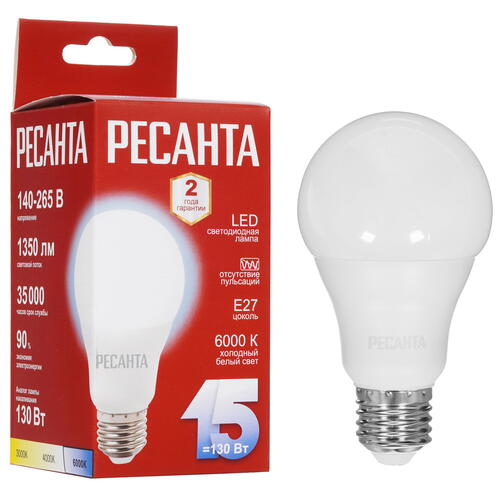 Купить Лампа светодиодная Ресанта LL-R-A65-15W-230-6K-E27  5401722. Характеристики, отзывы и цены в Донецке