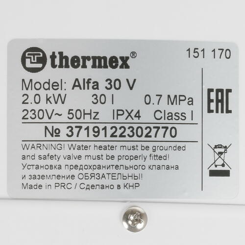 Купить Водонагреватель электрический Thermex Alfa 30 V  8160966. Характеристики, отзывы и цены в Донецке