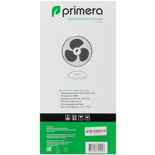 Купить Вентилятор PRIMERA TFP-3011MD  белый  9235529. Характеристики, отзывы и цены в Донецке