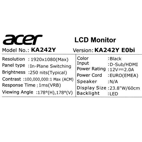 Купить 23.8" Монитор Acer KA242YE0bi черный  5463633. Характеристики, отзывы и цены в Донецке