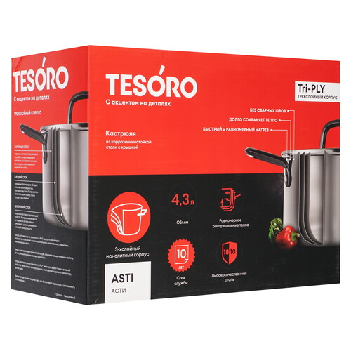 Купить Кастрюля Tesoro Asti КС643 4.3 л 22 см серебристый  9165237. Характеристики, отзывы и цены в Донецке