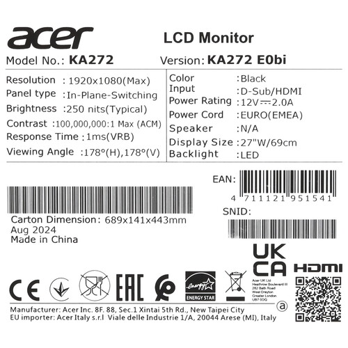 Купить 27" Монитор Acer KA272E0BI черный  5463631. Характеристики, отзывы и цены в Донецке
