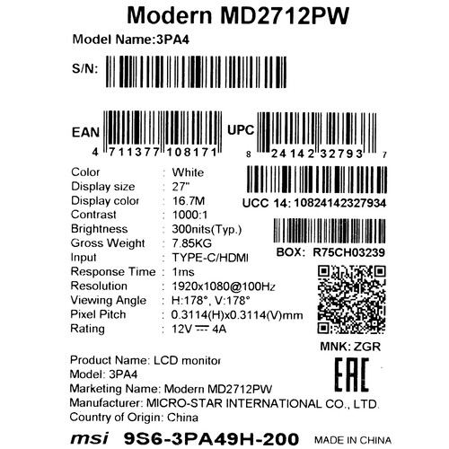 Купить 27" Монитор MSI Modern MD2712PW белый  5454380. Характеристики, отзывы и цены в Донецке