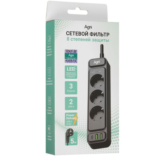 Купить Сетевой фильтр AGNI TP-FS3U3E-PD черный  9289362. Характеристики, отзывы и цены в Донецке