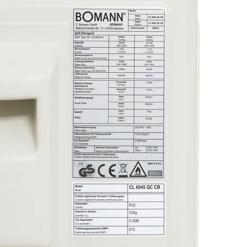 Купить Кондиционер настенный сплит-система Bomann CL 6045 QC CB белый  9903196. Характеристики, отзывы и цены в Донецке