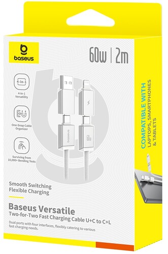 Купить Кабель круглый Baseus Lightning 8-pin, USB Type-C - USB 2.0 Type-A, USB Type-C белый 2 м  5627689. Характеристики, отзывы и цены в Донецке
