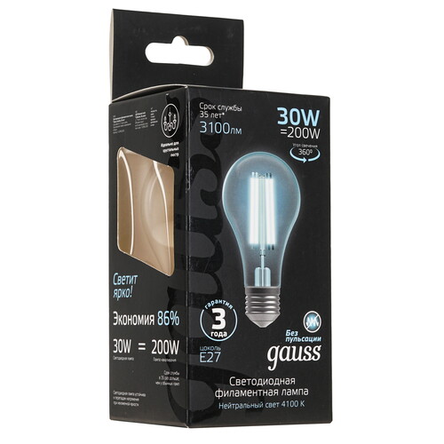 Купить Лампа филаментная Gauss Filament А70 30W 3100lm 4100К Е27 LED 1/10/40  9109773. Характеристики, отзывы и цены в Донецке