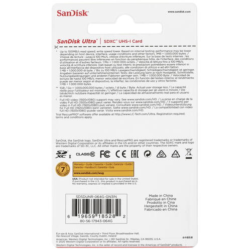 Купить Карта памяти SanDisk Ultra SDXC 64 ГБ [SDSDUNR-064G-GN3IN]  4727291. Характеристики, отзывы и цены в Донецке