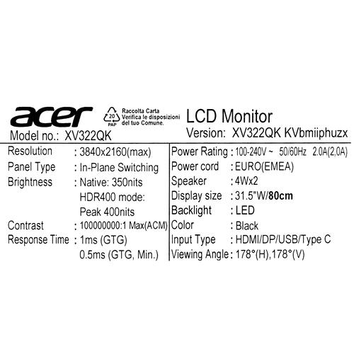 Купить 31.5" Монитор Acer Nitro XV322QKKVbmiiphuzx черный  5407511. Характеристики, отзывы и цены в Донецке