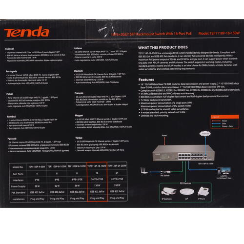 Купить Коммутатор Tenda TEF1118P-16-150W  9905194. Характеристики, отзывы и цены в Донецке