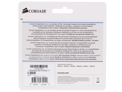 Купить Оперативная память SODIMM Corsair Mac Memory [CMSA8GX3M1A1600C11] 8 ГБ  0198721. Характеристики, отзывы и цены в Донецке