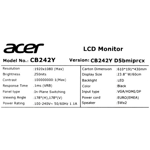 Купить 23.8" Монитор Acer CB242YD5bmiprcx черный  5463477. Характеристики, отзывы и цены в Донецке