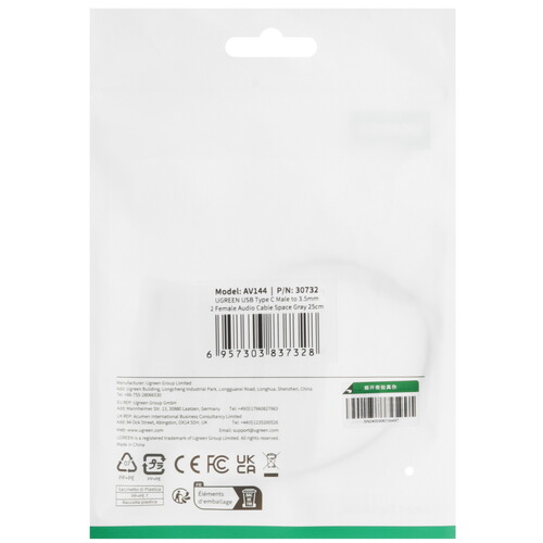 Купить Кабель   Ugreen USB Type-C - jack 3.5 мм х2 шт. серый, черный  9154965. Характеристики, отзывы и цены в Донецке