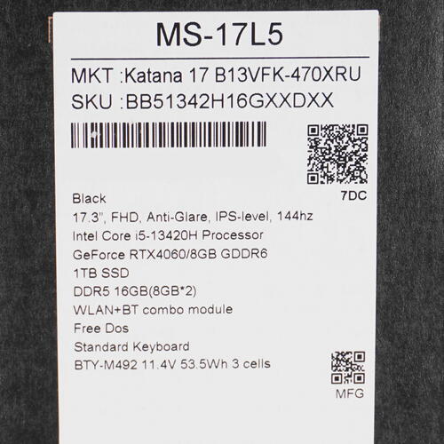 Купить 17.3" Ноутбук MSI Katana 17 B13VFK-470XRU черный  5404338. Характеристики, отзывы и цены в Донецке