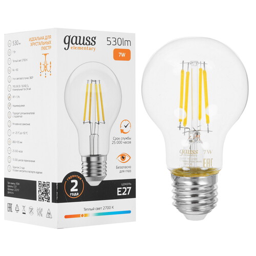 Купить Лампа филаментная Gauss Filament Elementary А60 7W 530lm 2700К Е27 LED 1/10/50  9109916. Характеристики, отзывы и цены в Донецке