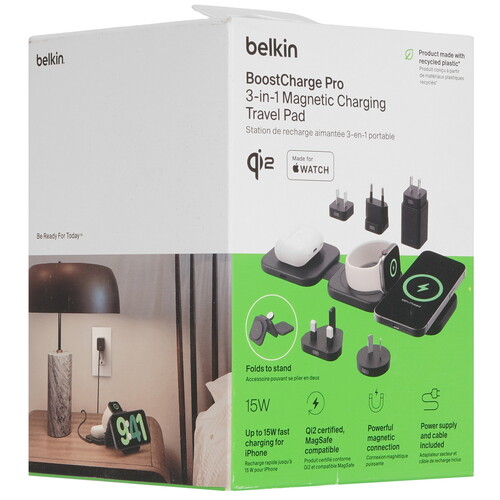 Купить Беспроводное зарядное устройство Belkin 3-in-1 Magnetic Wireless Charging Travel Pad with Qi2 черный  5637436. Характеристики, отзывы и цены в Донецке