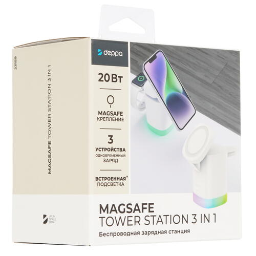 Купить Беспроводное зарядное устройство DEPPA MagSafe Tower Station 3-in-1 белый  9113419. Характеристики, отзывы и цены в Донецке